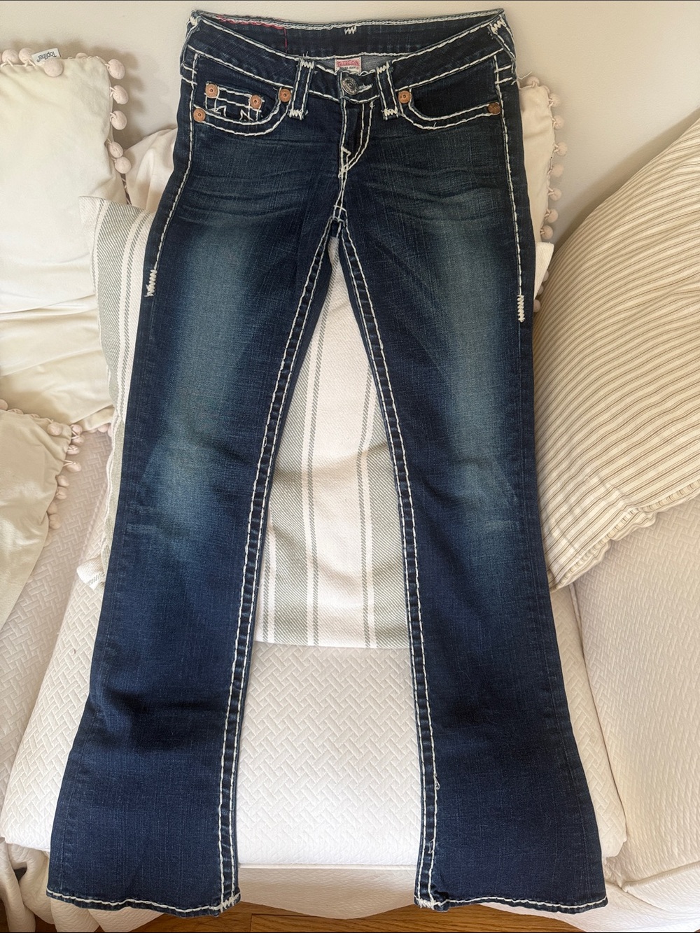 True Religion Navy Flare Jeans with White Contrast Stitching